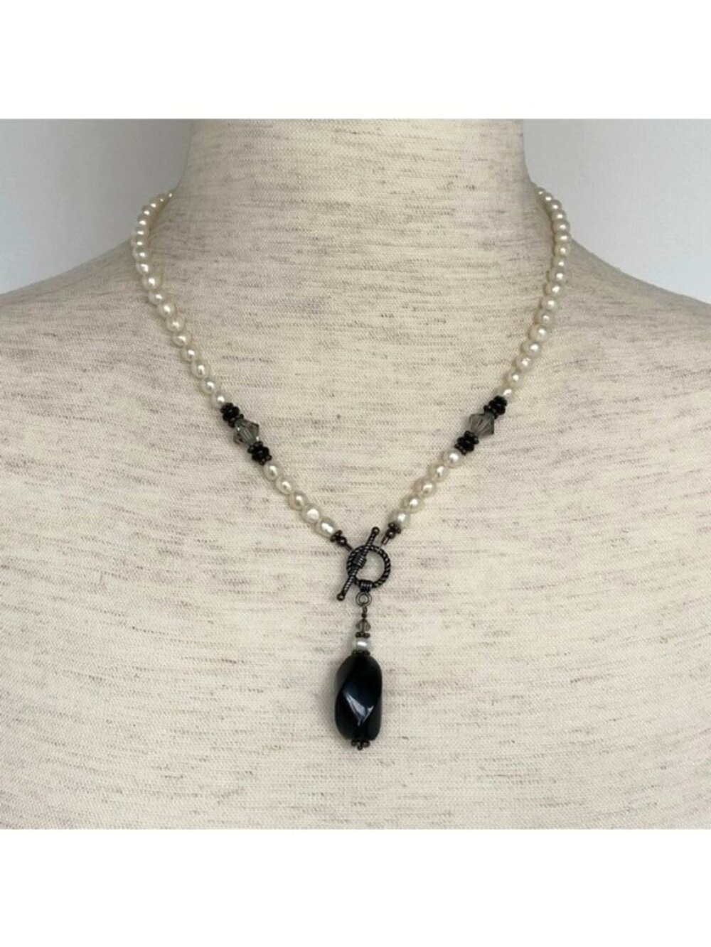 Sterling Silver 925 Beaded Freshwater Pearl Black Tourmaline Y Pendant Necklace